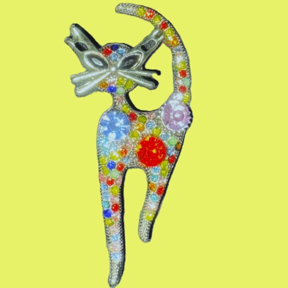 Vintage 50's Style Silver Cat Brooch with Colorful Rhinestones - Picture 7 of 7